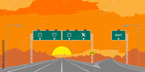 Y junction Highway or motorway and green signage in surise, sunset time illustration isolated on orange sky background