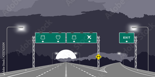 Y junction Highway or motorway and green signage at nighttime illustration isolated on dark sky background