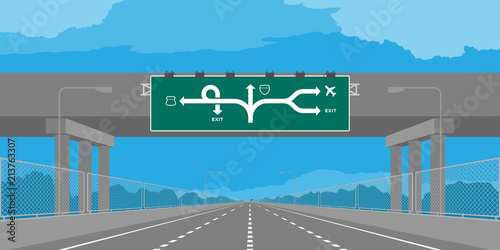 Road underpass Highway or motorway and green signage in daytime illustration isolated on blue sky background