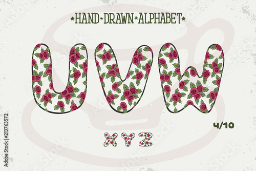 Alphabet romantic vintage design. English letters. Red roses Shabby chic style. Font vector typography. Hand drawn. EPS10