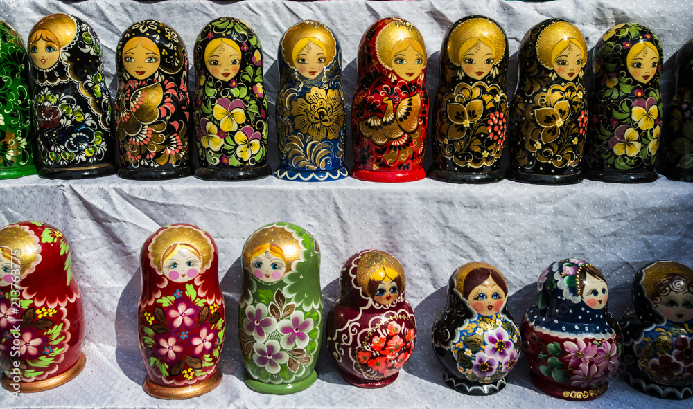 matrioshka dolls on display in a market, russia