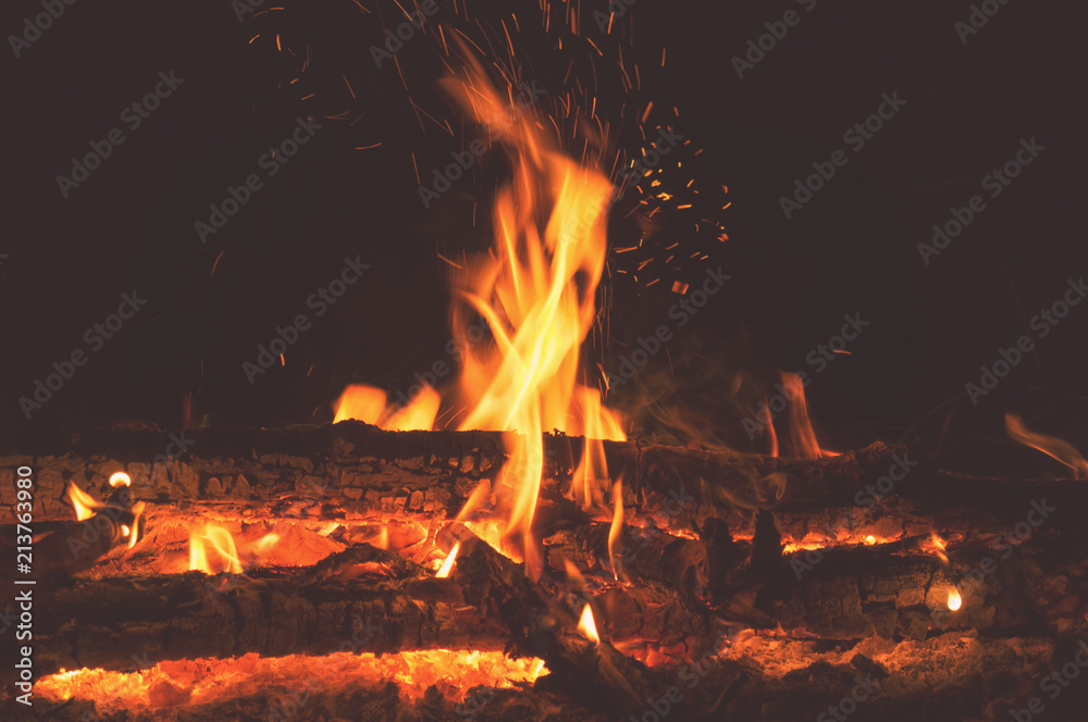 Fototapeta premium Evening bonfire with sparks close-up in the dense forests of Russia, hiking camping