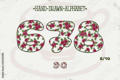 Alphabet romantic vintage design. English letters. Red roses Shabby chic style. Font vector typography. Hand drawn. EPS10