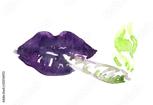 Dark purple lips smoking a big joint. Illustration painted in watercolor on clean white background