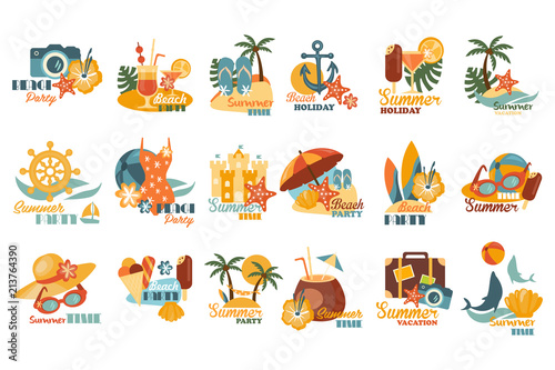 Summer party logo template set, beach holiday, summer vacation vector Illustrations on a white background