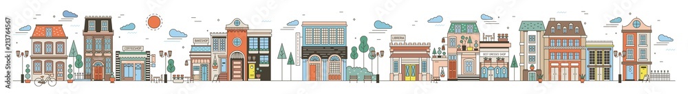 Colorful horizontal cityscape with street of European city full of elegant buildings, residential houses, stores and shops, public locations. Creative vector illustration in modern line art style.