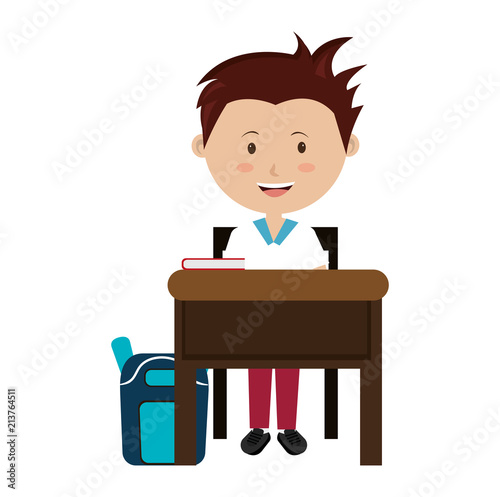 student boy with desk and schoolbag character