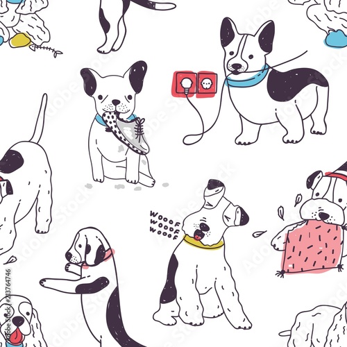 Seamless pattern with funny dogs demonstrating bad habits and disobedient behavior. Backdrop with naughty domestic animals or pets. Colored hand drawn vector illustration for fabric print, wallpaper.
