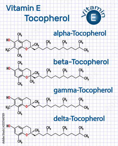Vitamin E - Tocopherol (alpha-, beta-, gamma-, delta-) molecule. Structural chemical formula. Sheet of paper in a cage photo