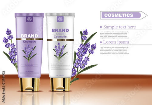 Lavender cream cosmetic set collection Vector mock up. Realistic product packaging label designs. Lotion and body cream