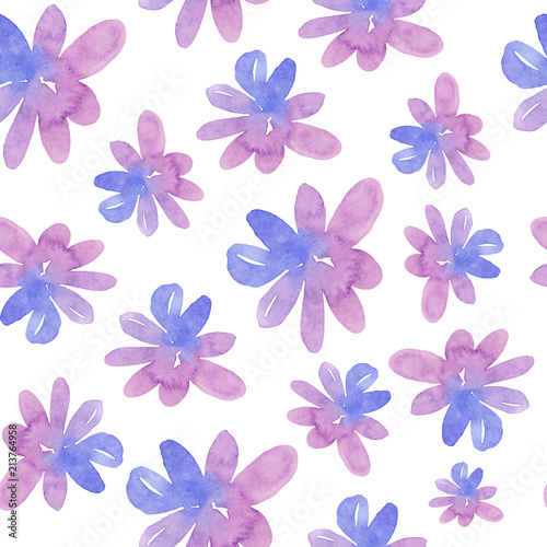 Seamless pattern with painted violet pink flowers isolated on white background. Watercolor illustration