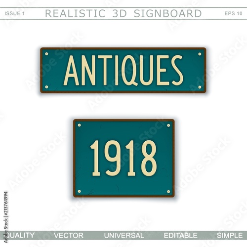 Antiques. 1918. Retro signboard. Stylized license plate. Top view. Vector design elements