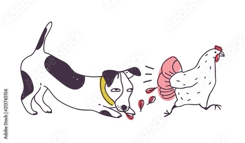 Nasty dog chasing chicken isolated on white background