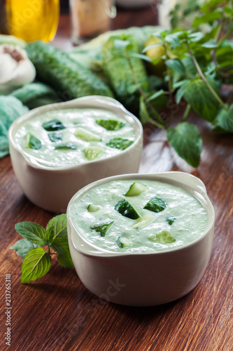 Cold cucumber soup with cucumber, dill and mint