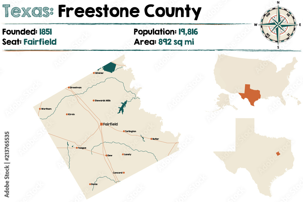 Detailed map of Freestone county in Texas, USA.