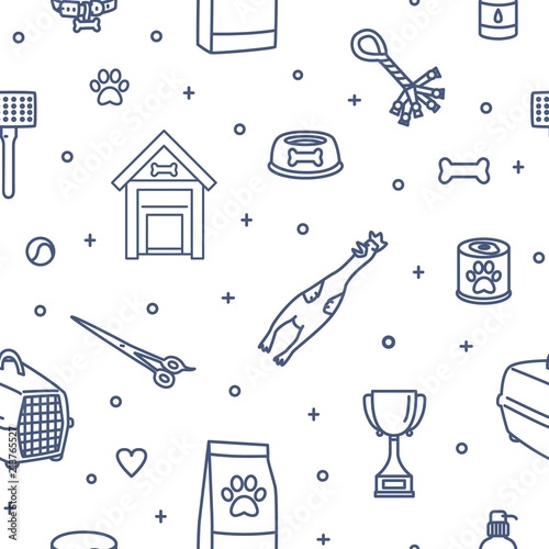 Seamless pattern with items for dogs drawn with contour lines on on white background. Monochrome vector illustration in modern lineart style for fabric print, wrapping paper, backdrop, wallpaper.