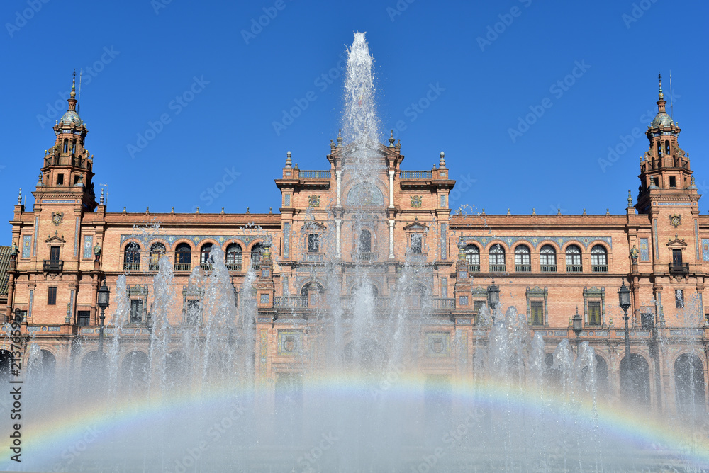 Fountain on Plaza de Espana - Spanish Square in Seville, Andalusia, Spain