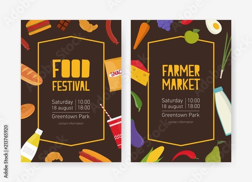 Bundle of flyer or poster templates for food festival or farmer market decora...