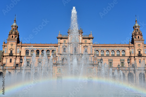 Fountain on Plaza de Espana - Spanish Square in Seville, Andalusia, Spain