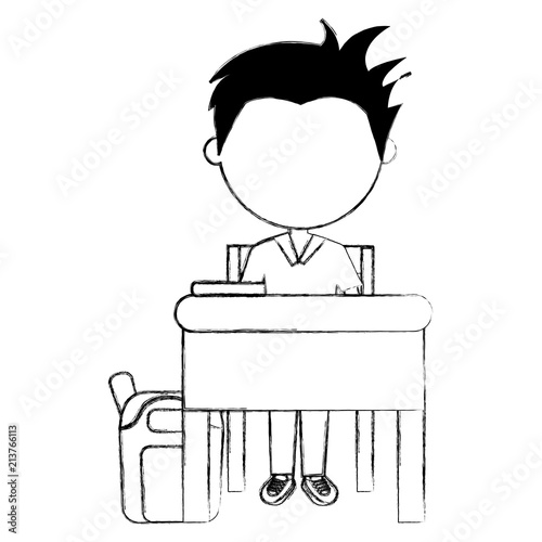 student boy with desk and schoolbag character