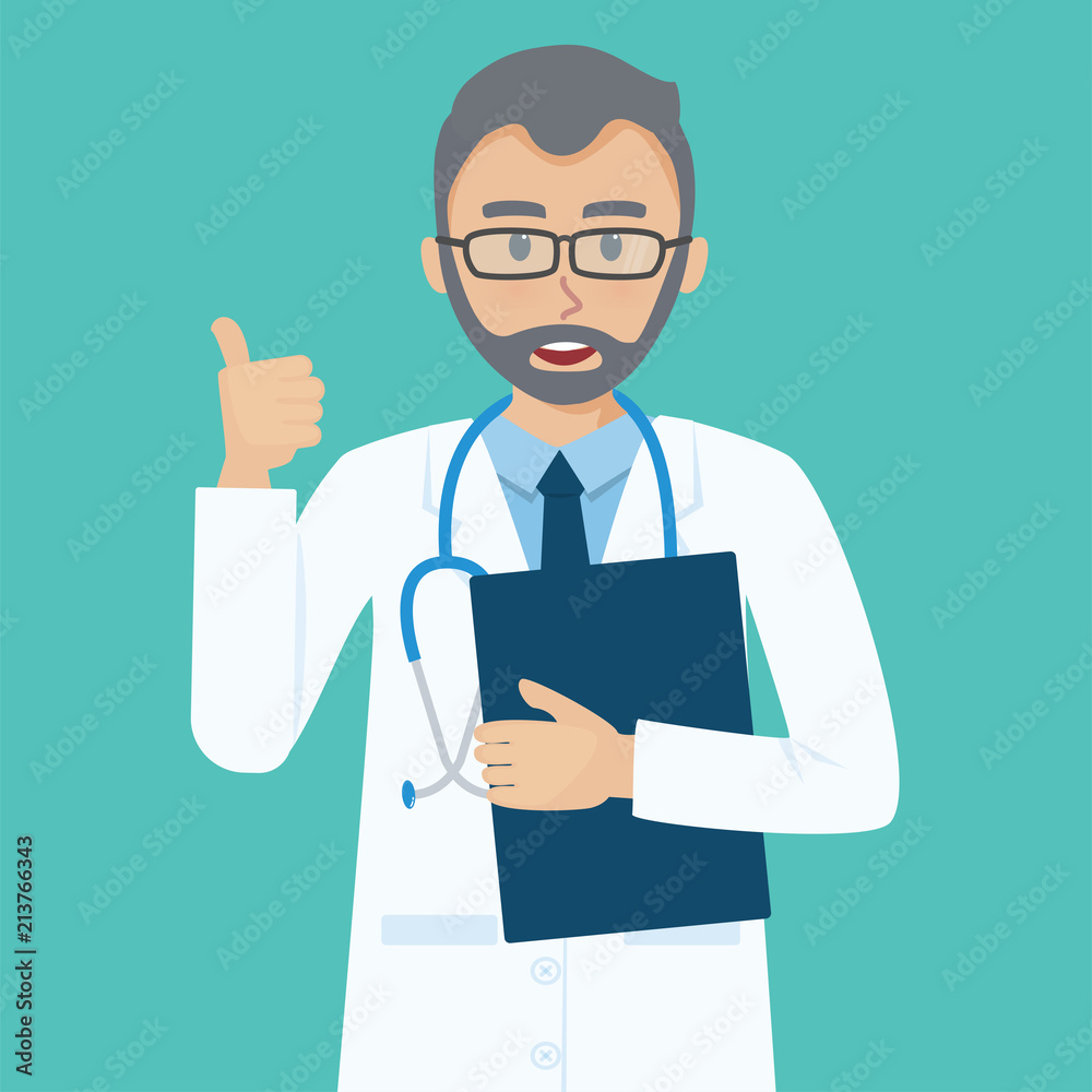 Smiling senior doctor shows thumbs up gesture cool. Smiling senior doctor shows thumbs up gesture cool.