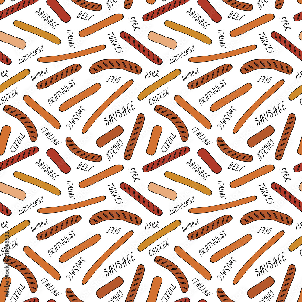 Seamless Endless Background Pattern of Different Sausages and Lettering. Food Collection. Realistic Hand Drawn High Quality Vector Illustration. Doodle Style. Seamless Endless Background Pattern of Different Sausages and Lettering. Food Collection. Realistic Hand Drawn High Quality Vector Illustration. Doodle Style.