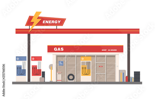 Facade of building of petrol, gas or filling station isolated on white background