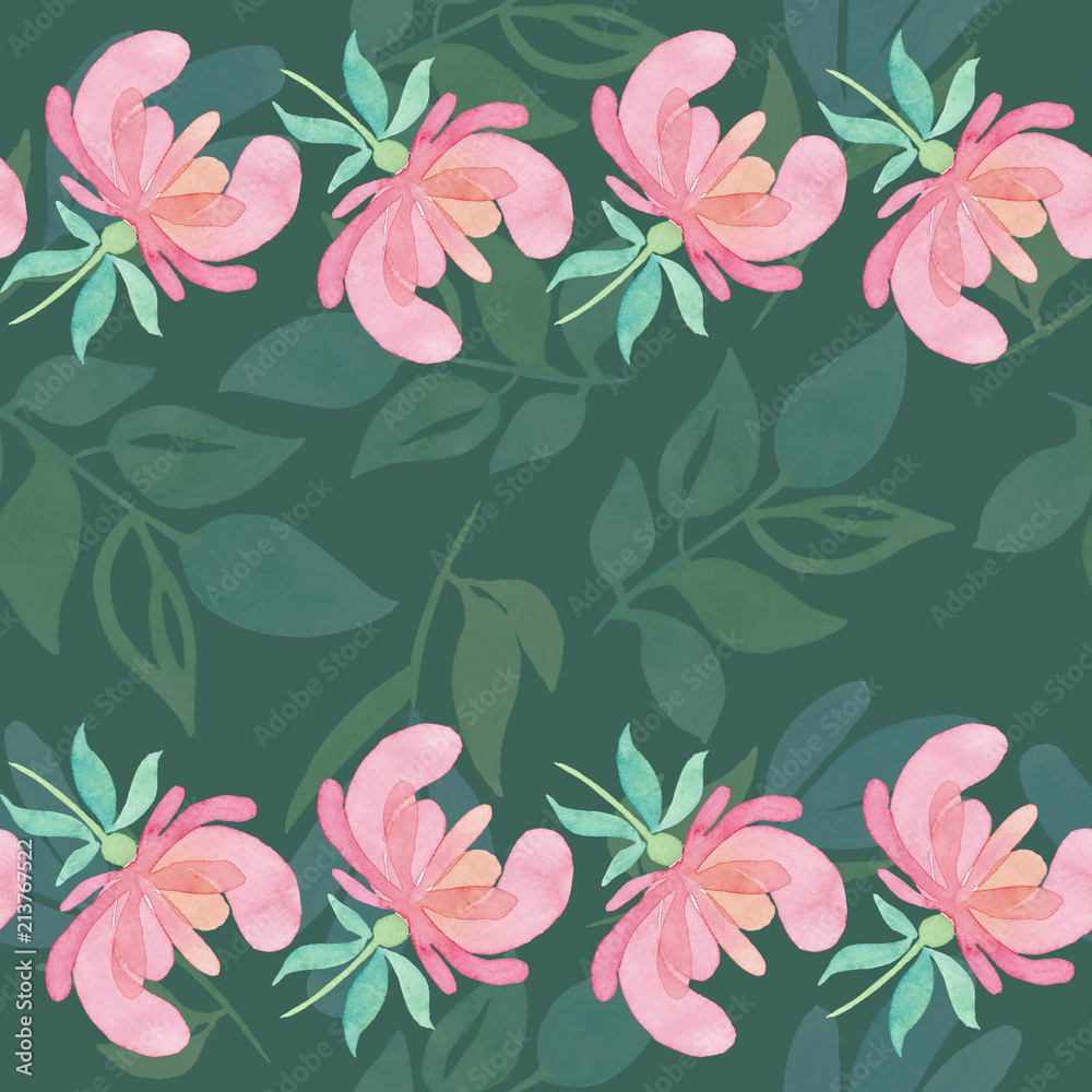 Seamless pattern with painted decorative pink flowers and leaves on a dark green background. Watercolor illustration