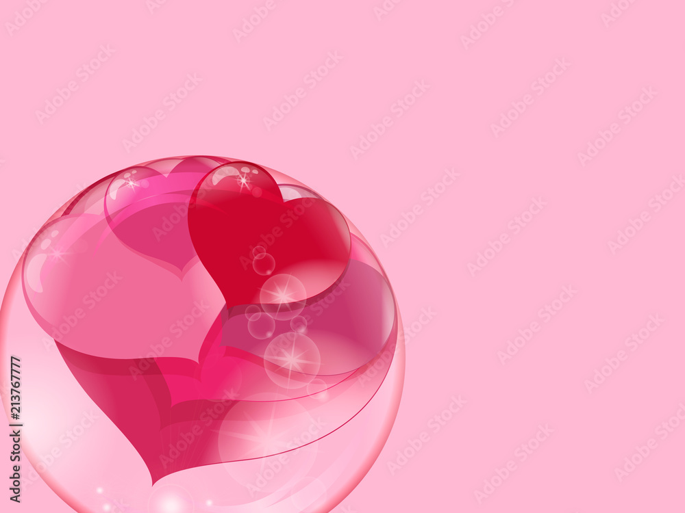 a lot of red hearts inside a transparent ball on a pink background, soap bubble
