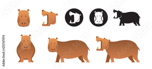 Hippopotamus Vector Set, Front View, Side View, Silhouette