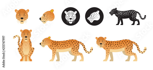 Leopard or Jaguar Vector Set, Front View, Side View, Silhouette