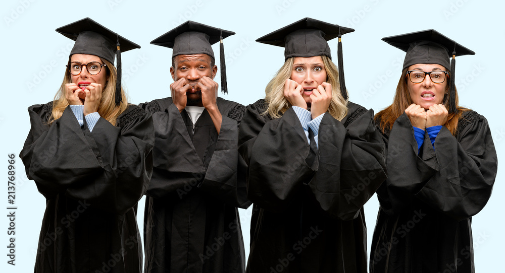 Education concept, university graduate woman and man group terrified and nervous expressing anxiety and panic gesture, overwhelmed