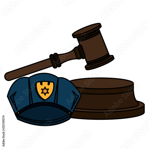 justice hammer with police hat