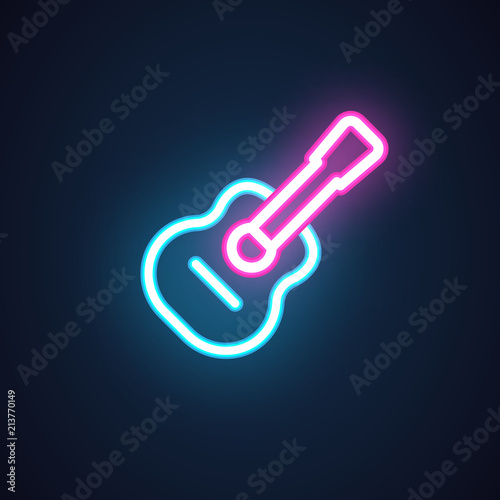 Guitar neon icon. Luminous sign for music shops, nightclub, bars, pubs, concerts, training classes. Musical instrument glowing label. Advertising element for signboard. Vector isolated on black