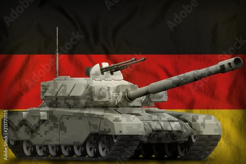 heavy tank with city pixel camouflage on the Germany national flag background. 3d Illustration