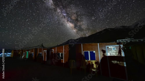 4k, timelapse, The Milky Way galaxy moving over mountains at Pangong Lake in Ladakh, North India. Noise and high ISO clip (Move Down-Up)