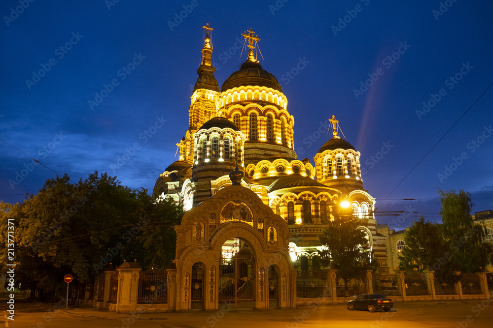 church illuminated against the background of the night sky, Kharkov, Ukraine