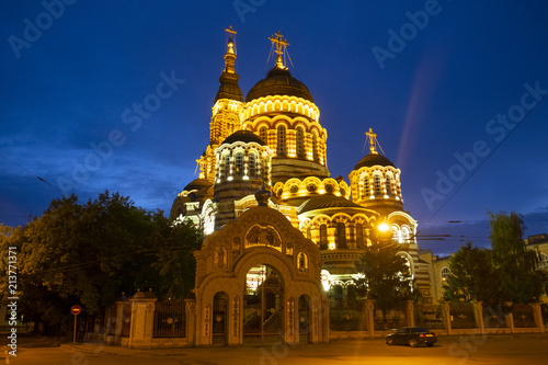 church illuminated against the background of the night sky, Kharkov, Ukraine