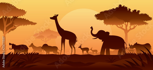 African Safari Animals Silhouette Background