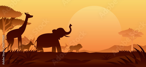 African Safari Animals Silhouette Background