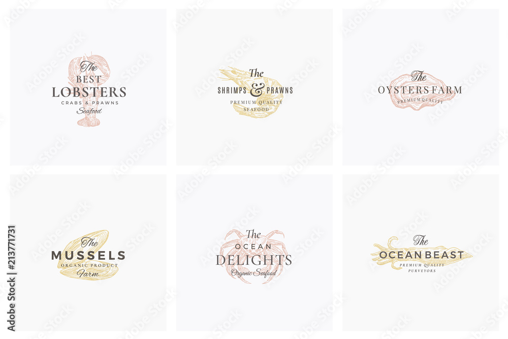 Premium Seafood Abstract Vector Signs, Symbols or Logo Templates Set. Elegant Hand Drawn Shrimp, Mussel, Oyster, Crab and Squid Sketches with Classy Retro Typography. Vintage Luxury Emblems.