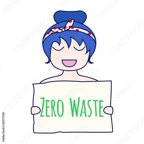 Zero waste concept. Environment protection poster. Zero waste illustration. Smiling girl with Zero waste sign in her hands. Zero waste sign. Vector illustration.