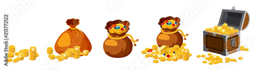 Set of old bags, purses, empty and full of gold, coins, brillants, treasures, chest, for gaming, applications, vector, isolated, cartoon style