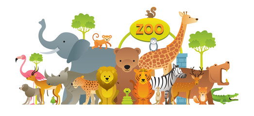 Foto auf Acrylglas Zoo Group of Wild Animals, Zoo, Entrance Sign, Kids and Cute Cartoon Style  © muchmania