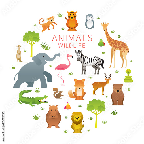 Fototapeta Naklejka Na Ścianę i Meble -  Group of Wild Animals, Zoo, Kids and Cute Cartoon Style