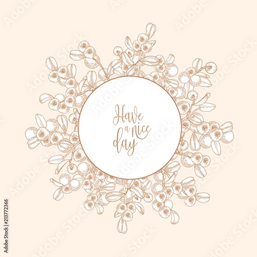 Circular backdrop or wreath made of lingonberries hand drawn with contour lines on light background