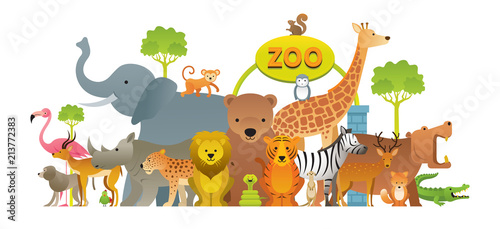 Group of Wild Animals, Zoo, Entrance Sign, Kids and Cute Cartoon Style