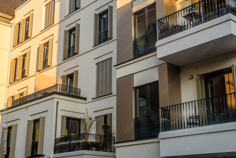 luxury city flats with balcony and window blinds