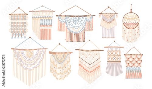 Collection of macrame wall hangings. Bundle of elegant handmade home decorations made of cotton cord isolated on white background. Colorful hand drawn vector illustration in flat cartoon style. photo
