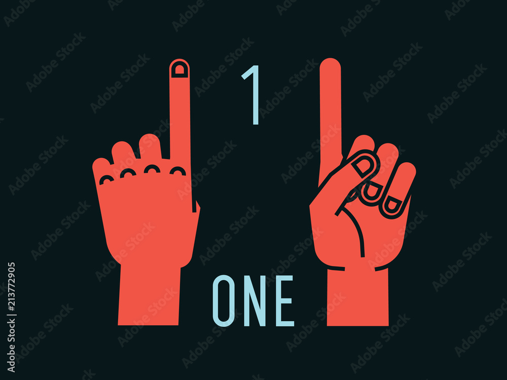 Obraz premium Count on fingers. Number one. Gesture. Stylized hands with index up. Vector.
